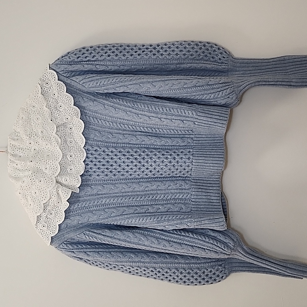 Sea NY Melanie cable-knit cropped cardigan light blue wool Broderie Collar XS - Picture 12 of 16
